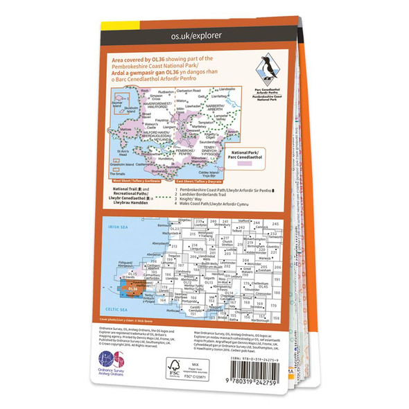 Rear orange cover of OS Explorer Map OL 36 South Pembrokeshire showing the area covered by the map and the wider area
