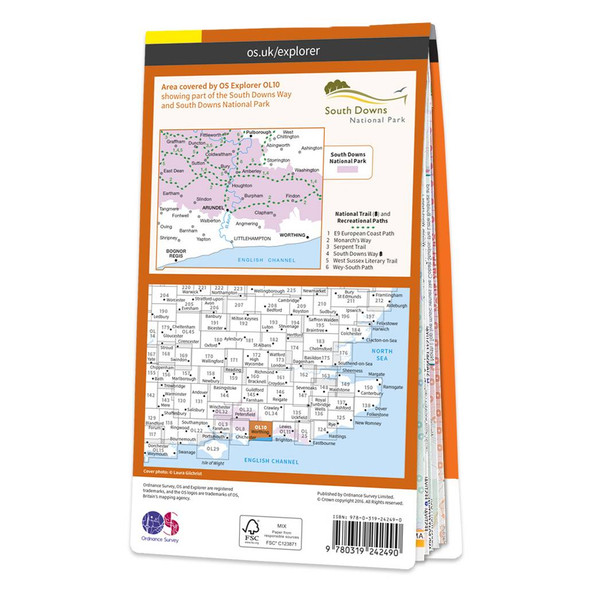 Rear orange cover of OS Explorer Map OL 10 Arundel & Pulborough showing the area covered by the map and the wider area