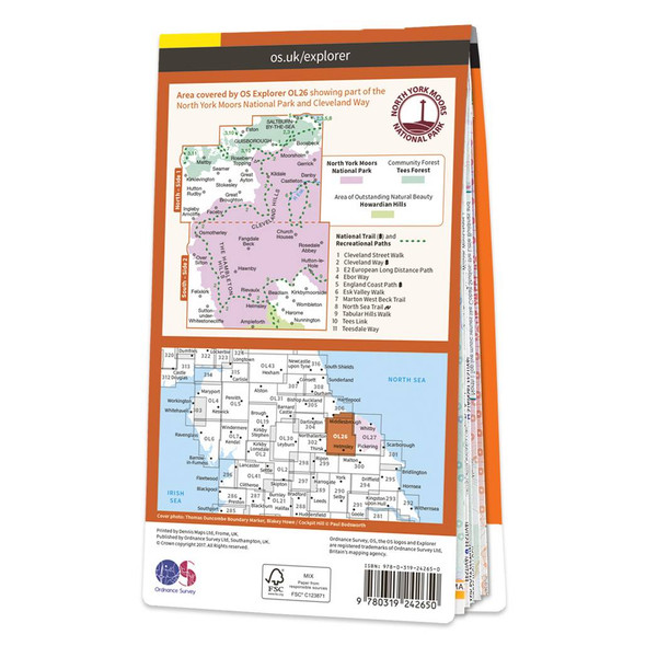 Rear orange cover of OS Explorer Map OL 26 North York Moors - Western area showing the area covered by the map and the wider area