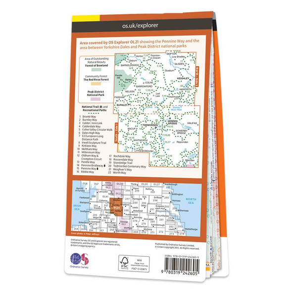 Rear orange cover of OS Explorer Map OL 21 South Pennines showing the area covered by the map and the wider area
