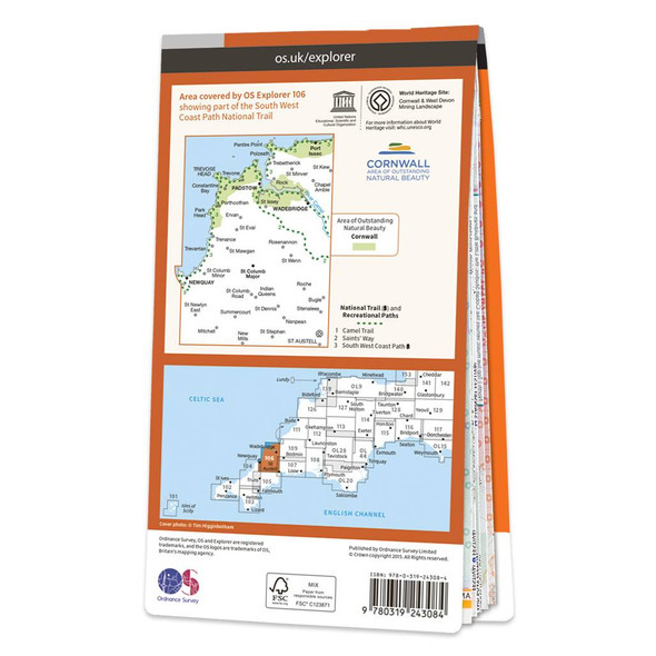 Rear orange cover of OS Explorer Map 106 Newquay & Padstow showing the area covered by the map and the wider area