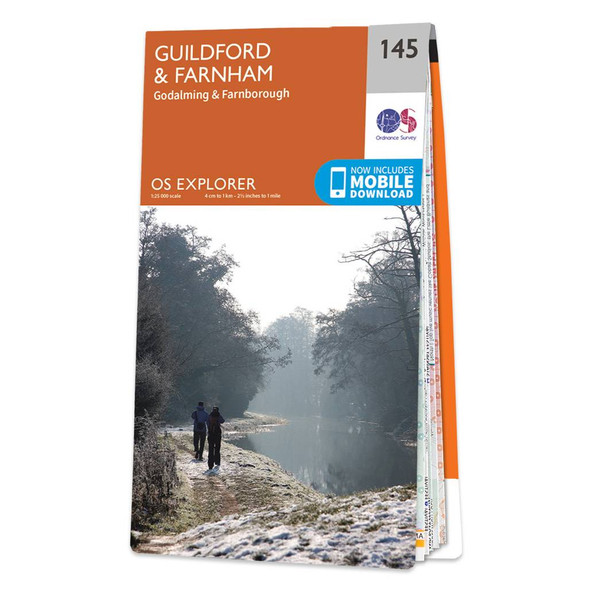 Orange front cover of OS Explorer Map 145 Guildford and Farnham