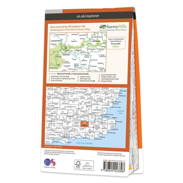 Rear orange cover of OS Explorer Map 146 Dorking, Box Hill and Reigate showing the area covered by the map and the wider area