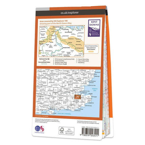 Rear orange cover of OS Explorer Map 148 Maidstone & the Medway Towns showing the area covered by the map and the wider area