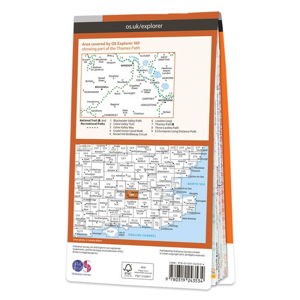 Rear orange cover of OS Explorer Map 160 Windsor, Weybridge & Bracknell showing the area covered by the map and the wider area