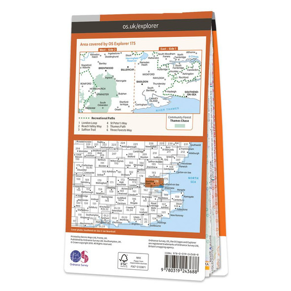 Rear orange cover of OS Explorer Map 175 Southend-on-Sea & Basildon showing the area covered by the map and the wider area