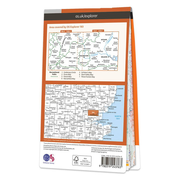 Rear orange cover of OS Explorer Map 183 Chelmsford & The Rodings showing the area covered by the map and the wider area