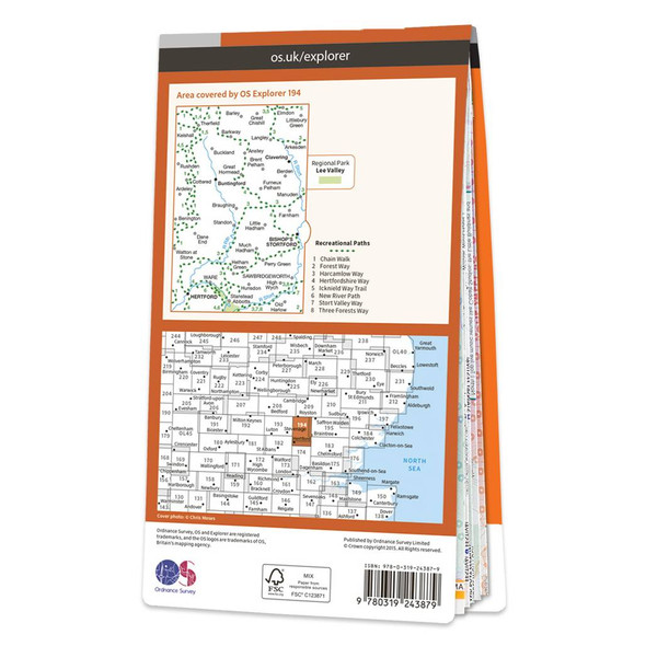 Rear orange cover of OS Explorer Map 194 Hertford & Bishop's Stortford showing the area covered by the map and the wider area