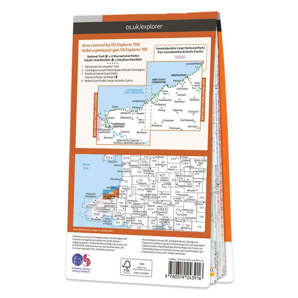 Rear orange cover of OS Explorer Map 198 Cardigan & New Quay showing the area covered by the map and the wider area