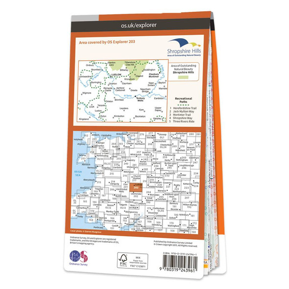 Rear orange cover of OS Explorer Map 203 Ludlow showing the area covered by the map and the wider area