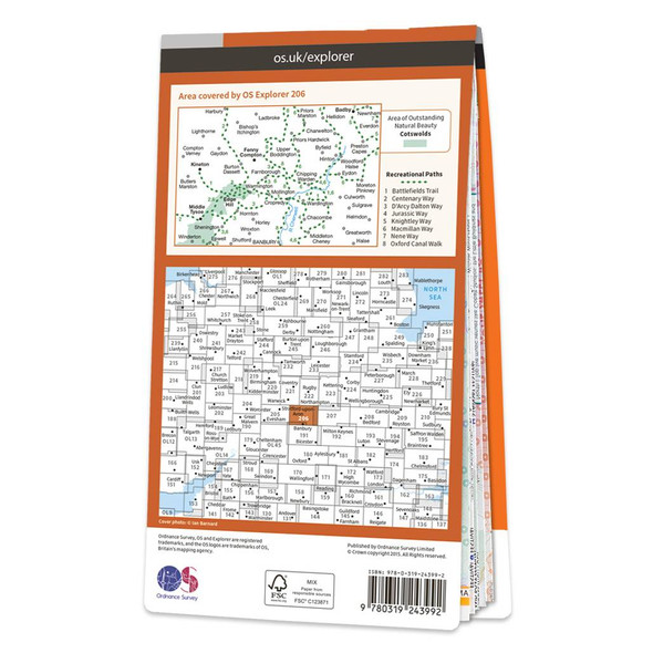 Rear orange cover of OS Explorer Map 206 Edge Hill & Fenny Compton showing the area covered by the map and the wider area