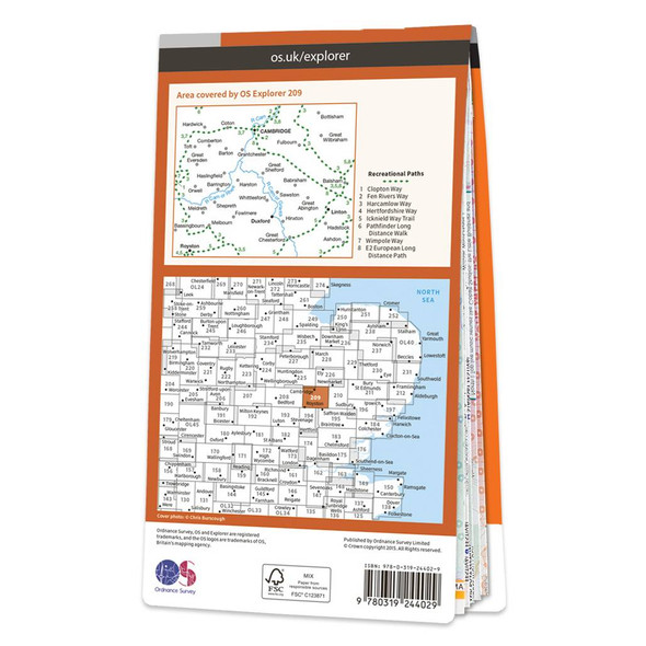 Rear orange cover of OS Explorer Map 209 Cambridge showing the area covered by the map and the wider area