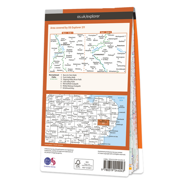 Rear orange cover of OS Explorer Map 211 Bury St Edmunds & Stowmarket showing the area covered by the map and the wider area