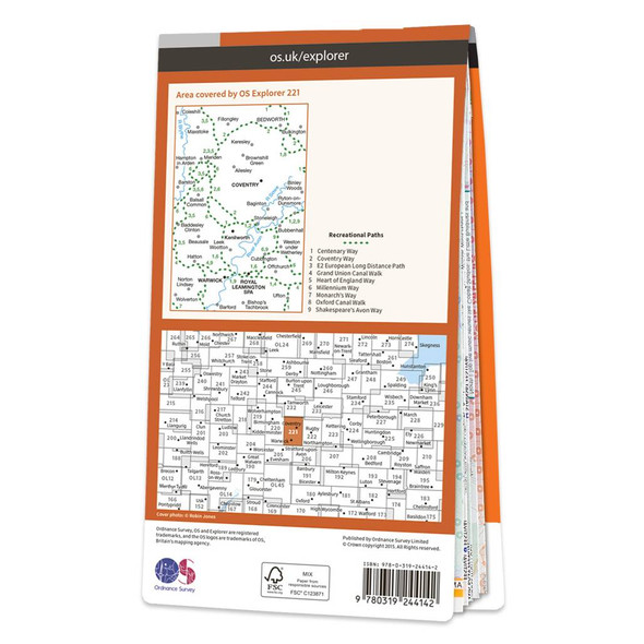 Rear orange cover of OS Explorer Map 221 Coventry & Warwick showing the area covered by the map and the wider area