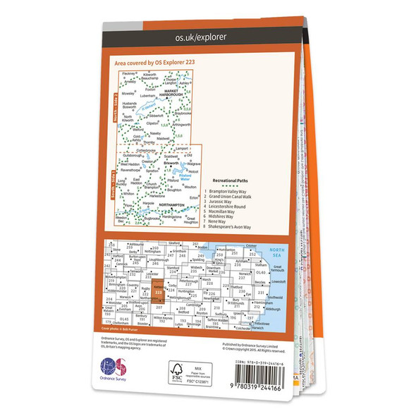 Rear orange cover of OS Explorer Map 223 Northampton & Market Harborough showing the area covered by the map and the wider area