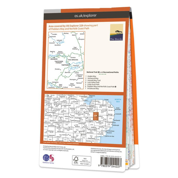 Rear orange cover of OS Explorer Map 229 Thetford Forest in The Brecks showing the area covered by the map and the wider area