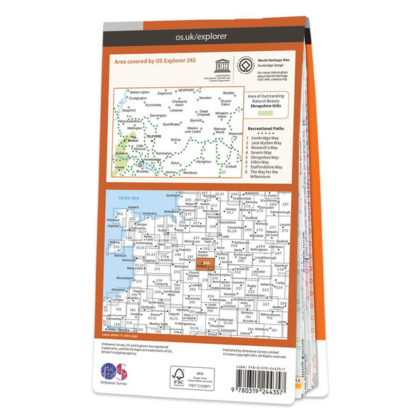 Rear orange cover of OS Explorer Map 242 Telford, Ironbridge & The Wrekin showing the area covered by the map and the wider area