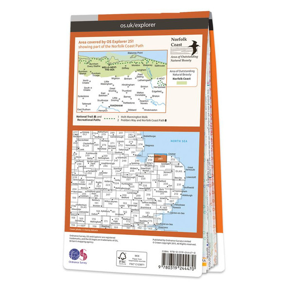 Rear orange cover of OS Explorer Map 251 Norfolk Coast Central showing the area covered by the map and the wider area