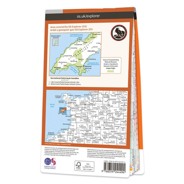 Rear orange cover of OS Explorer Map 253 Lleyn Peninsula West showing the area covered by the map and the wider area