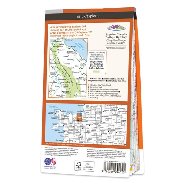 Rear orange cover of OS Explorer Map 265 Clwydian Range showing the area covered by the map and the wider area