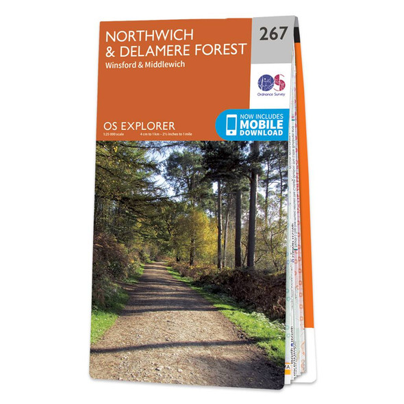 Orange front cover of OS Explorer Map 267 Northwich & Delamere Forest with an image of a forest track