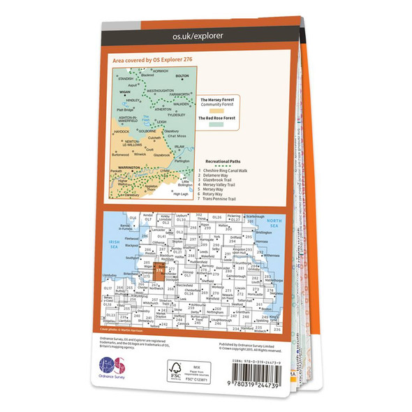 Rear orange cover of OS Explorer Map 276 Bolton, Wigan & Warrington showing the area covered by the map and the wider area