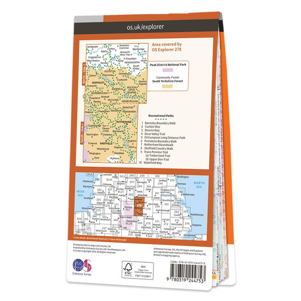 Rear orange cover of OS Explorer Map 278 Sheffield & Barnsley showing the area covered by the map and the wider area