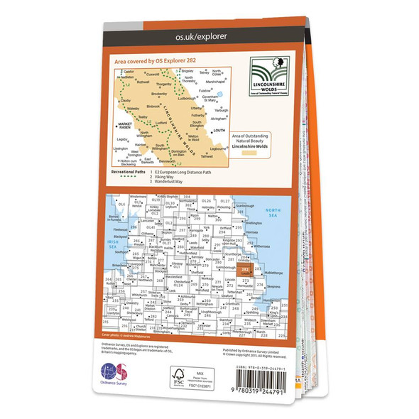 Rear orange cover of OS Explorer Map 282 Lincolnshire Wolds North showing the area covered by the map and the wider area