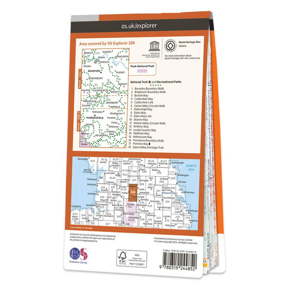 Rear orange cover of OS Explorer Map 288 Bradford & Huddersfield showing the area covered by the map and the wider area