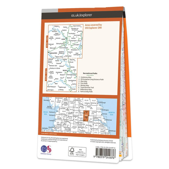 Rear orange cover of OS Explorer Map 290 York showing the area covered by the map and the wider area