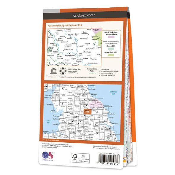 Rear orange cover of 299 OS Explorer Map of Ripon & Boroughbridge showing the area covered by the map and the wider area