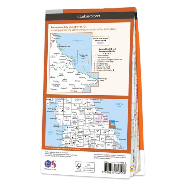 Rear orange cover of 301 OS Explorer Map of Scarborough, Bridlington & Flamborough Head showing the area covered by the map and the wider area