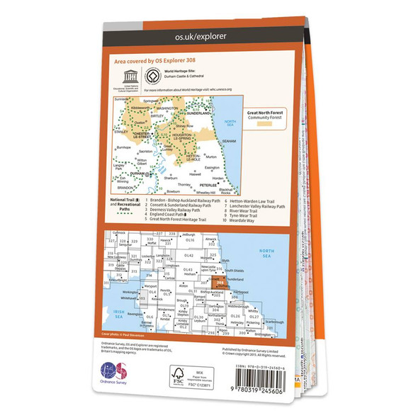 Rear orange cover of OS Explorer Map 308 Durham & Sunderland showing the area covered by the map and the wider area