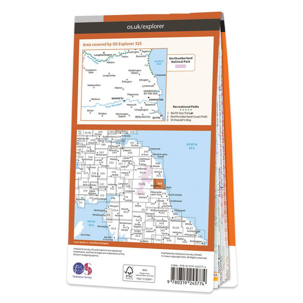 Rear orange cover of OS Explorer Map 325 Morpeth & Blyth showing the area covered by the map and the wider area