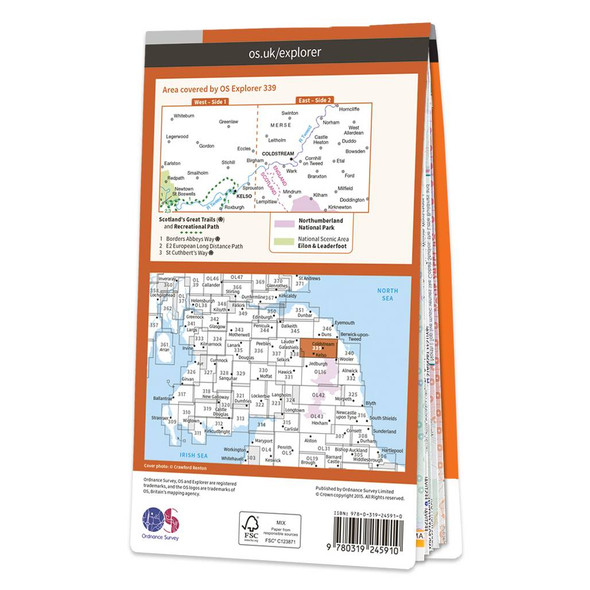 Rear orange cover of OS Explorer Map 339 Kelso, Coldstream & Lower Tweed Valley showing the area covered by the map and the wider area