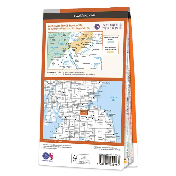 Rear orange cover of OS Explorer Map 344 Pentland Hills showing the area covered by the map and the wider area