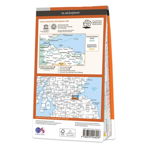 Rear orange cover of OS Explorer Map 350 Edinburgh showing the area covered by the map and the wider area