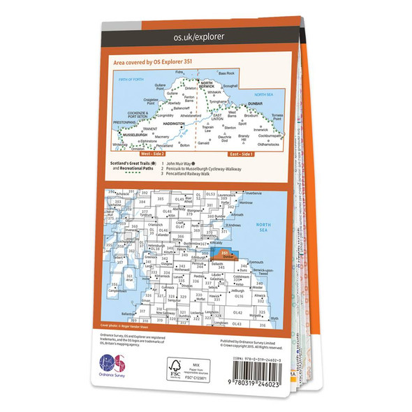 Rear orange cover of OS Explorer Map 351 Dunbar & North Berwick showing the area covered by the map and the wider area