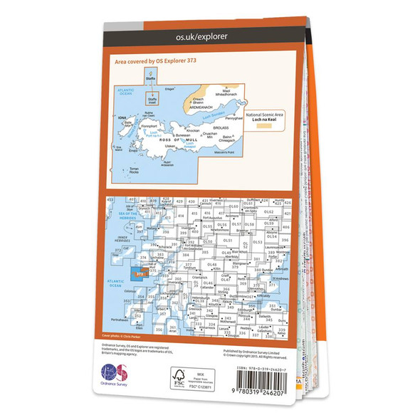 Rear orange cover of OS Explorer Map 373 Iona, Staffa & Ross of Mull showing the area covered by the map and the wider area