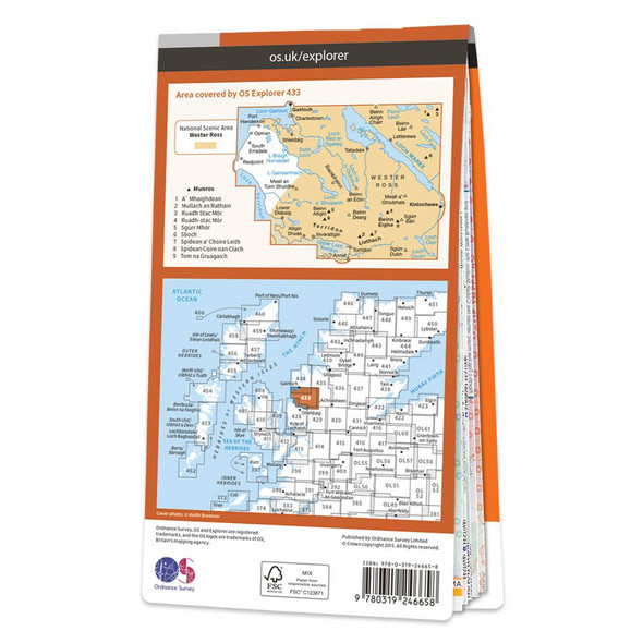 Rear orange cover of OS Explorer Map 433 Torridon - Beinn Eighe & Liathach showing the area covered by the map and the wider area