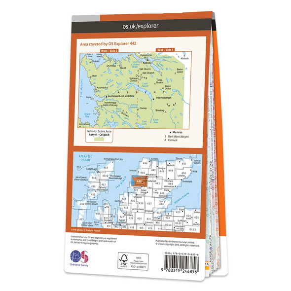 Rear orange cover of OS Explorer Map 442 Assynt & Lochinver showing the area covered by the map and the wider area