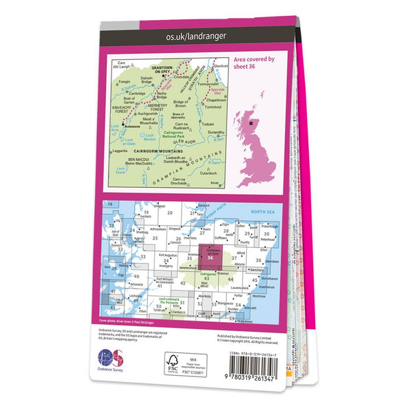 Rear pink cover of OS Landranger Map 36 Grantown & Aviemore showing the area covered by the map and the wider area
