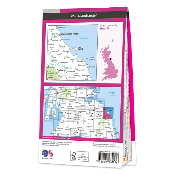 Rear pink cover of OS Landranger Map 75 Berwick-upon-Tweed, Holy Island & Wooler showing the area covered by the map and the wider area