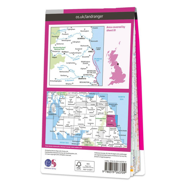 Rear pink cover of OS Landranger Map 81 Alnwick and Morpeth showing the area covered by the map and the wider area