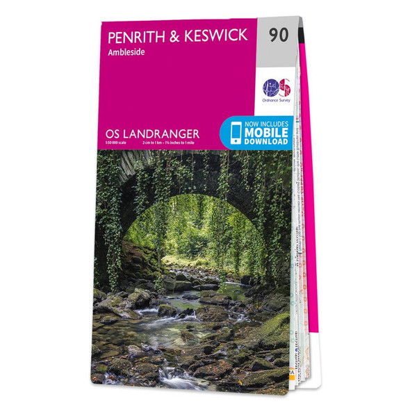Pink front cover of OS Landranger Map 90 Penrith & Keswick