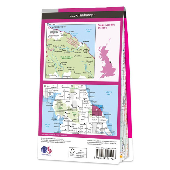 Rear pink cover of OS Landranger Map 94 Whitby & Esk Dale showing the area covered by the map and the wider area