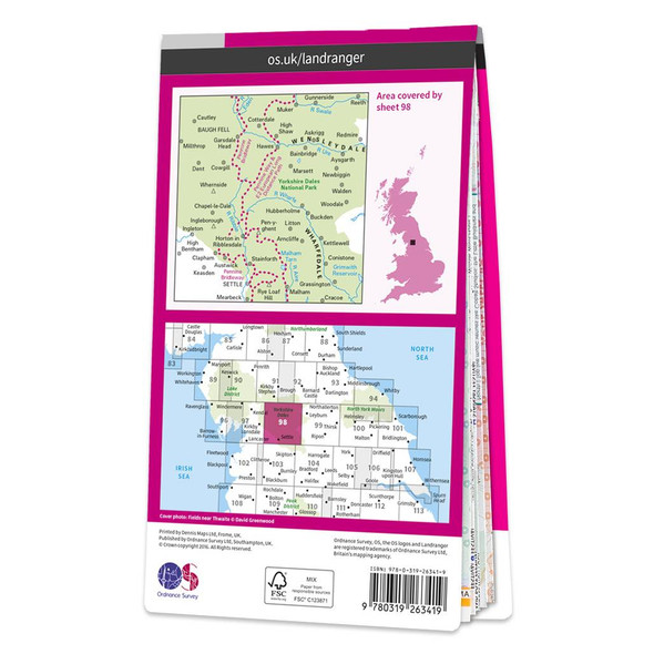 Rear pink cover of OS Landranger Map 98 Wensleydale & Upper Wharfedale showing the area covered by the map and the wider area