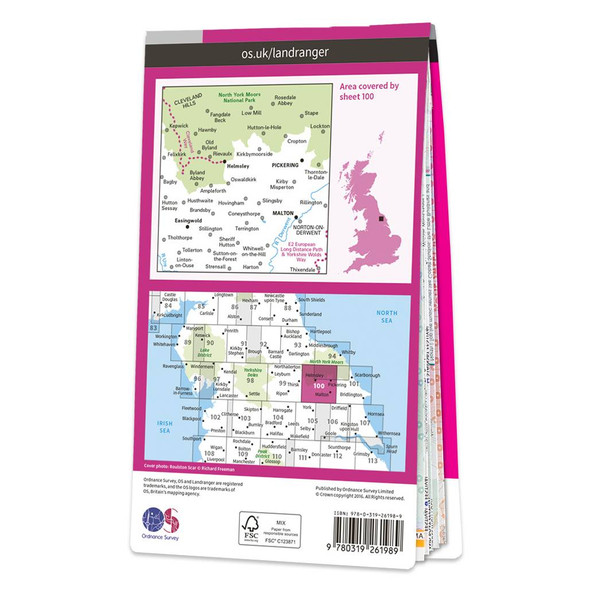 Rear pink cover of OS Landranger Map 100 Malton & Pickering showing the area covered by the map and the wider area