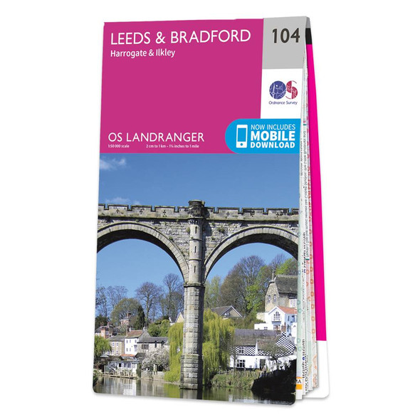 Pink front cover of OS Landranger Map 104 Leeds & Bradford