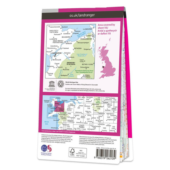 Rear pink cover of OS Landranger Map 115 Snowdon showing the area covered by the map and the wider area